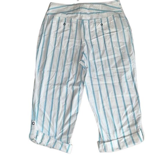 Chico's Cropped Roll Up Capri 100% Cotton- Striped White + Blue - Size 1 (8/M) - Picture 2 of 11